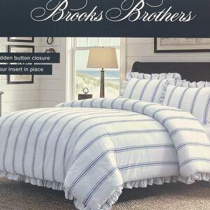 Brooks Brothers Queen Duvet Set Blue White Stripe Ruffle 100% Cotton Cottage New